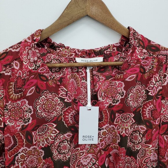Rose + Olive Boho Floral Babydoll Dress Burgundy Red Pink Long Sleeve Size S NWT - Picture 9 of 15
